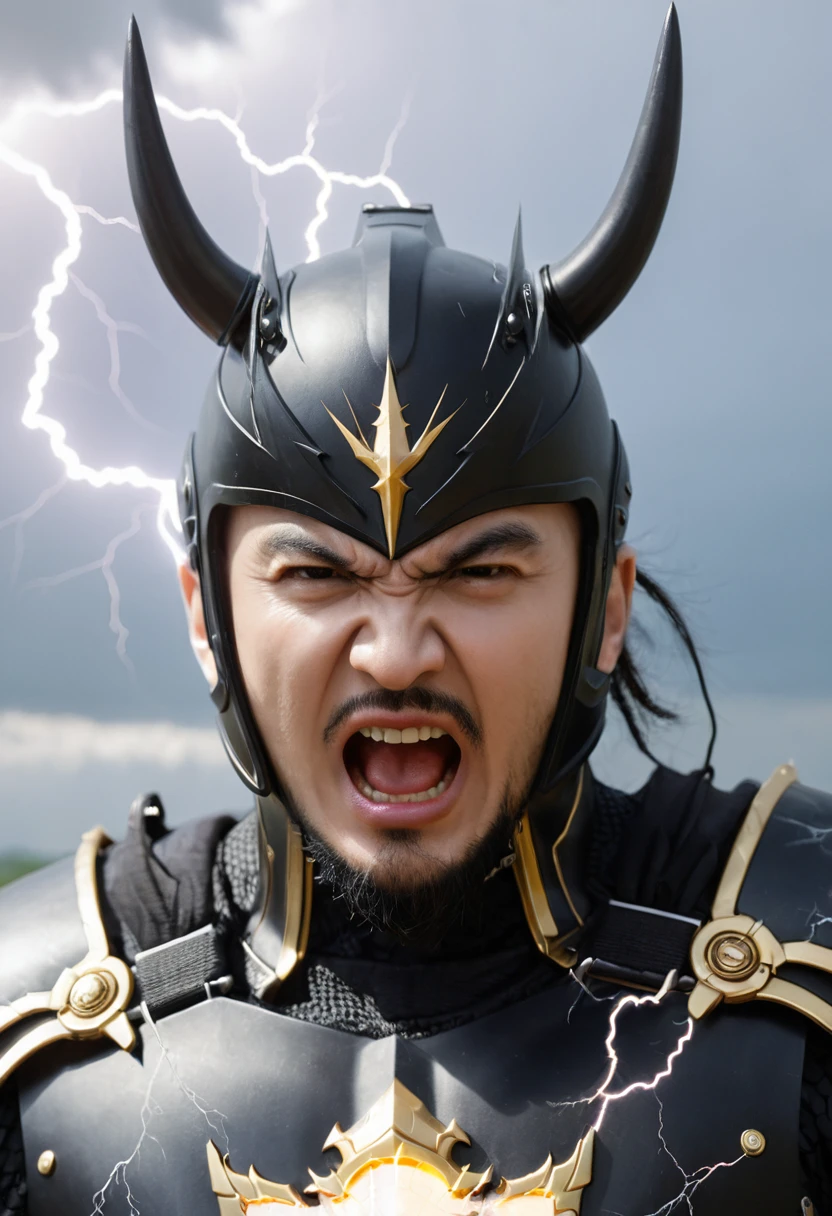 Masterpiece, best quality, nitid, ultra detailed, man's face with lightning and thunder, anger, wrath, supreme god, smooth black armor