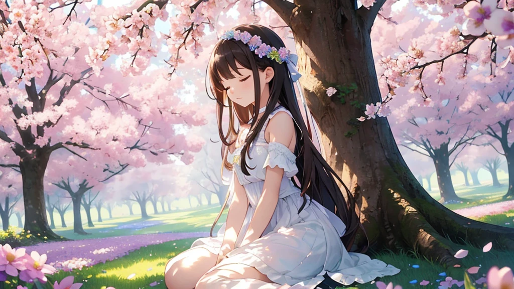 Sitting leaning against a tree、Shade、Sunlight filtering through the trees、Fantasy、An incredible sight、Fantasy、Surrounded by flowers、Beautiful and heartbreaking、Lots of flowers、beautiful flower、Beautiful girl、I close my eyes comfortably.、Android、(masterpiece:1.1), (Highest quality:1.1), (Vibrant colors:1.2), (Flowers:1.1)