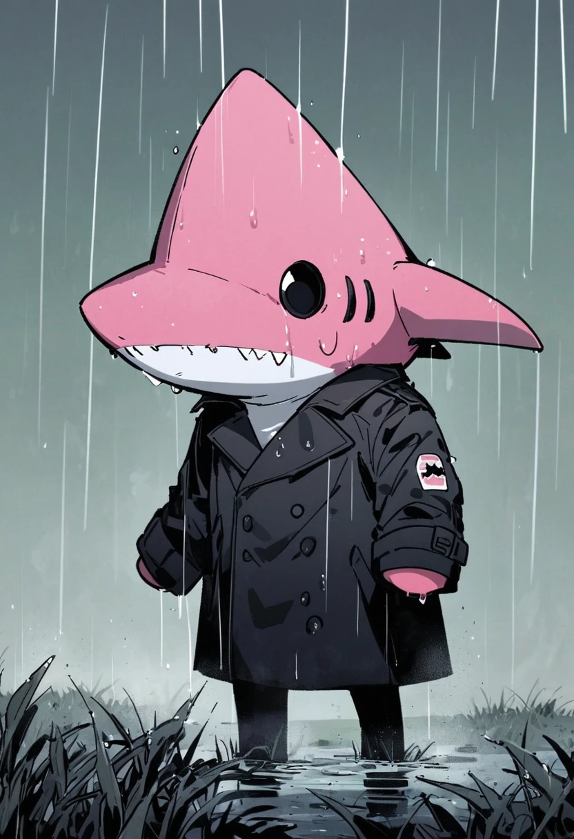 Sexy pink Shark Girl wearing a black trench coat,(No humans),E7E48U，Wet body，rain, Background grassland