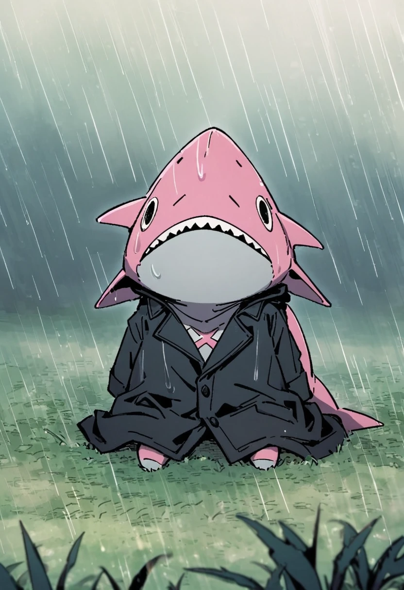 Sexy pink Shark Girl wearing a black trench coat,(No humans),E7E48U,Wet body,rain, Background grassland