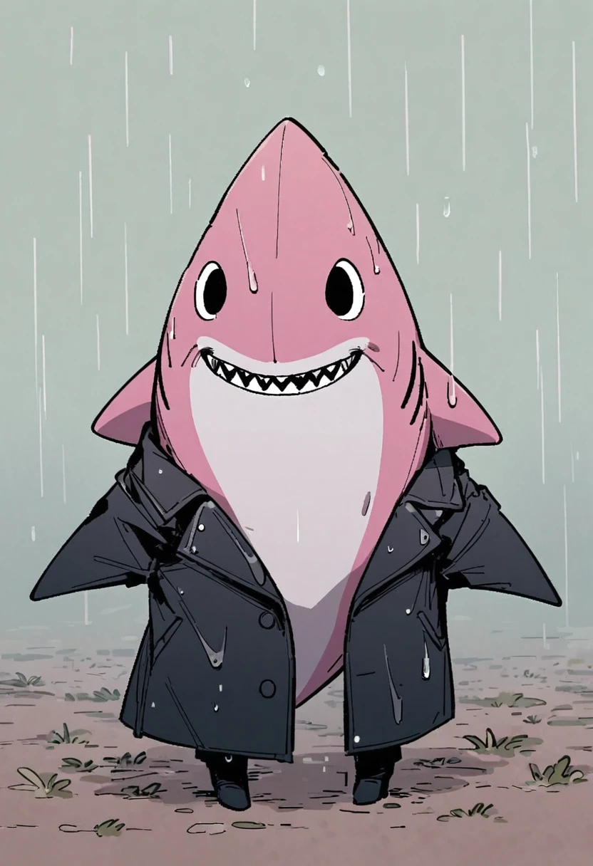 Sexy pink Shark Girl wearing a black trench coat,(No humans),E7E48U，Wet body，rain, Background grassland