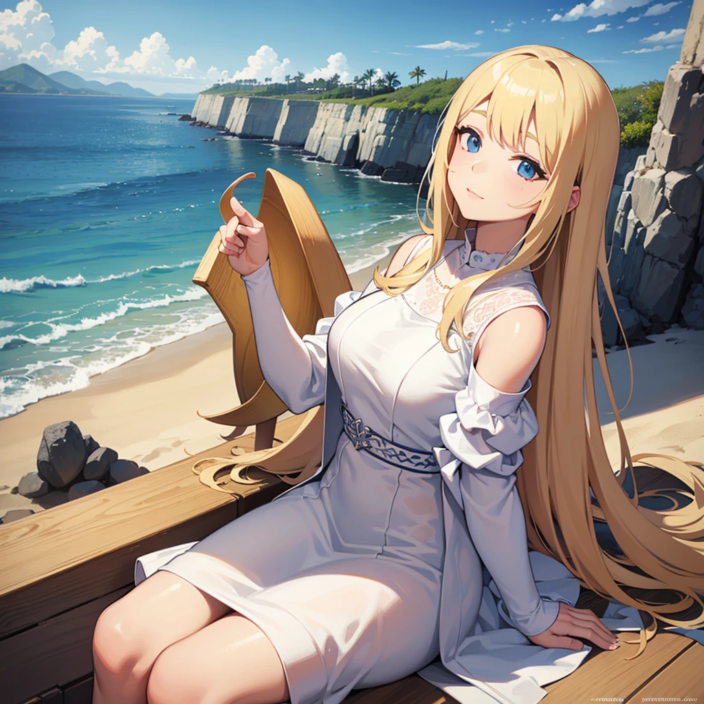 a beautiful girl with blond hair,wearing a white dress,sitting on a beach near the ocean,serene expression,sunlight shining on her face,detailed facial features,detailed clothing,detailed sand and ocean waves,best quality,4k,8k,highres,masterpiece:1.2,ultra-detailed,realistic,photorealistic,photo-realistic:1.37,studio lighting,vivid colors,natural lighting,serene landscape,peaceful atmosphere