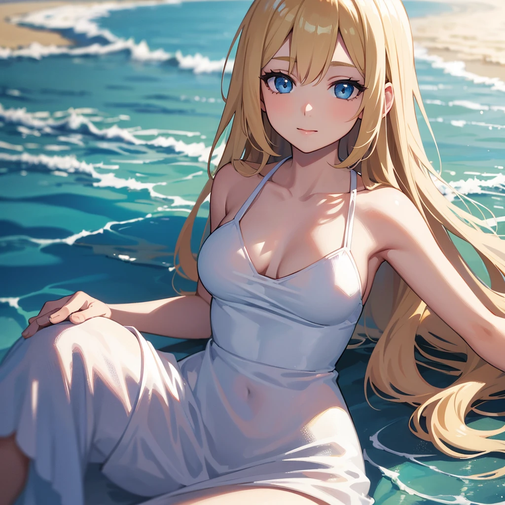 a beautiful girl with blond hair,wearing a white dress,sitting on a beach near the ocean,serene expression,sunlight shining on her face,detailed facial features,detailed clothing,detailed sand and ocean waves,best quality,4k,8k,highres,masterpiece:1.2,ultra-detailed,realistic,photorealistic,photo-realistic:1.37,studio lighting,vivid colors,natural lighting,serene landscape,peaceful atmosphere