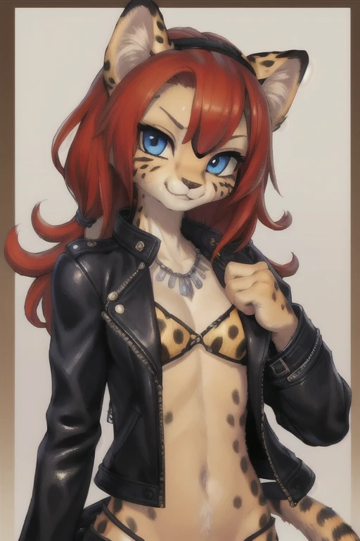 (There is nothing there), ((masterpiece)) , ((Highest quality)), figure, Cheetah型獣人, Furry, Cheetah, Animal ears, tail, Body Fur, One girl, throw, Upper Body, One girl, alone, Rough hairstyle, Red hair, *//*, blue eyes, *//*, Leather jacket, View your viewers, smile,