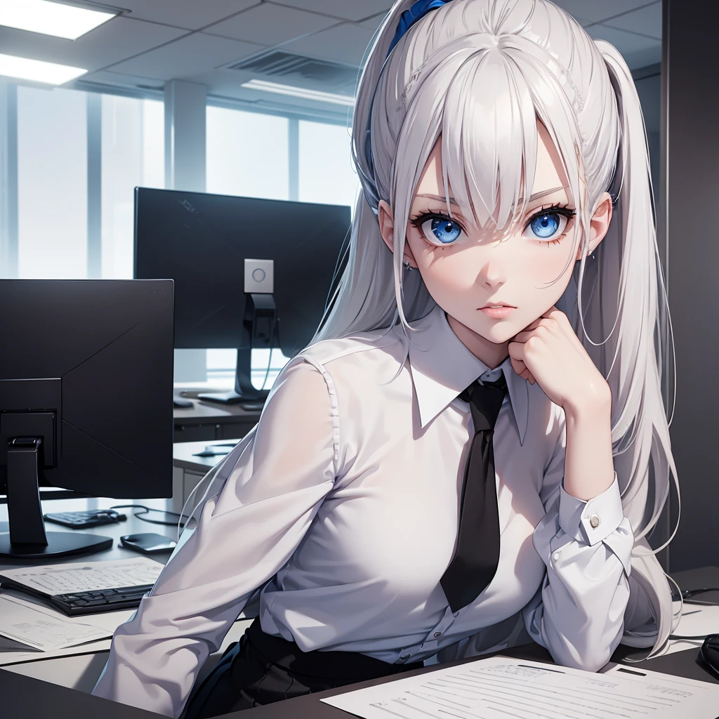 (8K, Best Quality, Masterpiece, Ultra High Resolution) 1Girl, Beautiful Eyes, Face Details, Platinum Hair, Hair Ponytail, Blue Eyes, Pale Skin, Tall, Slender, Office Attire, Blouse, Skirt, Sitting in Office, Best Quality, Upper Body, Looking at the Viewer, Facing Viewer, Close Up