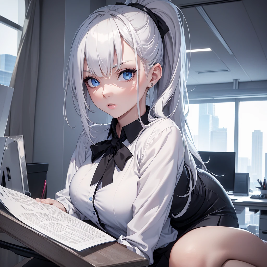 (8K, Best Quality, Masterpiece, Ultra High Resolution) 1Girl, Beautiful Eyes, Face Details, Platinum Hair, Hair Ponytail, Blue Eyes, Pale Skin, Tall, Slender, Office Attire, Blouse, Skirt, Sitting in Office, Best Quality, Upper Body, Looking at the Viewer, Facing Viewer, Close Up