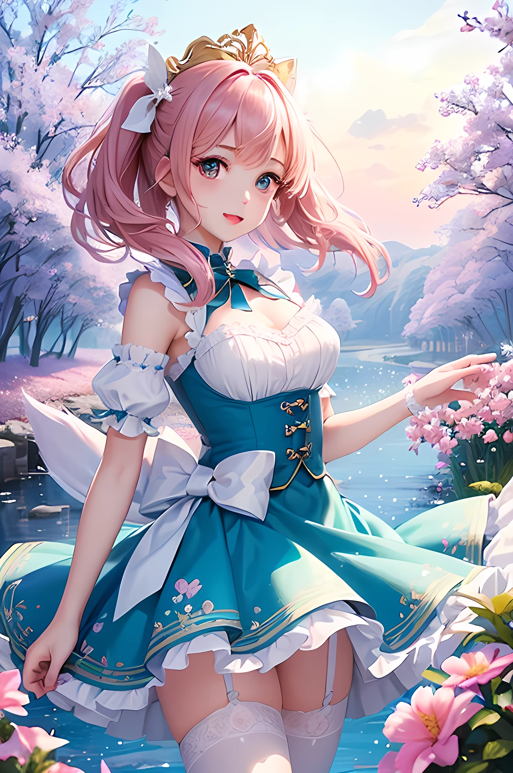 8KUHD、Digital single-lens reflex camera,、超A high resolution,、(Realistic:1.4)、masterpiece、Perfect photo、Very high quality CG、Detailed digital illustration、hire、Sharp focus、Absurd、(Beautiful and delicate eyes、ultra high density skin)、(((1 person)))、(((With a girl)))、Sharp pupils、Realistic anime girl rendering、Front view、brave girl、Gentle mercy、Felicia Def, Maid, Maid headdress, Black knee socks, blue eyes, Center of chest、Complete Anatomy、whole body、(Angle from the front)、Happy smile、While staring at this、Detailed Background、Clear blue sky background、purely、Alpine grassland、I can see the stream in the distance、floating flower petals on background、Cinematic Lighting Effects、Japanese Landscape、(Skirt flip:1.5、White panties)、Angle from below、Sit on the ground、(Spread your legs、Spread your legs):1.5、Spread your legs、Skirt Lift、White pantiesを見せつける、squat、battoujutsu,、One knee、Spread legs、Angle from the front、Showing off panties、White panties、excited、Embarrassed expression、Climax、Open your mouth