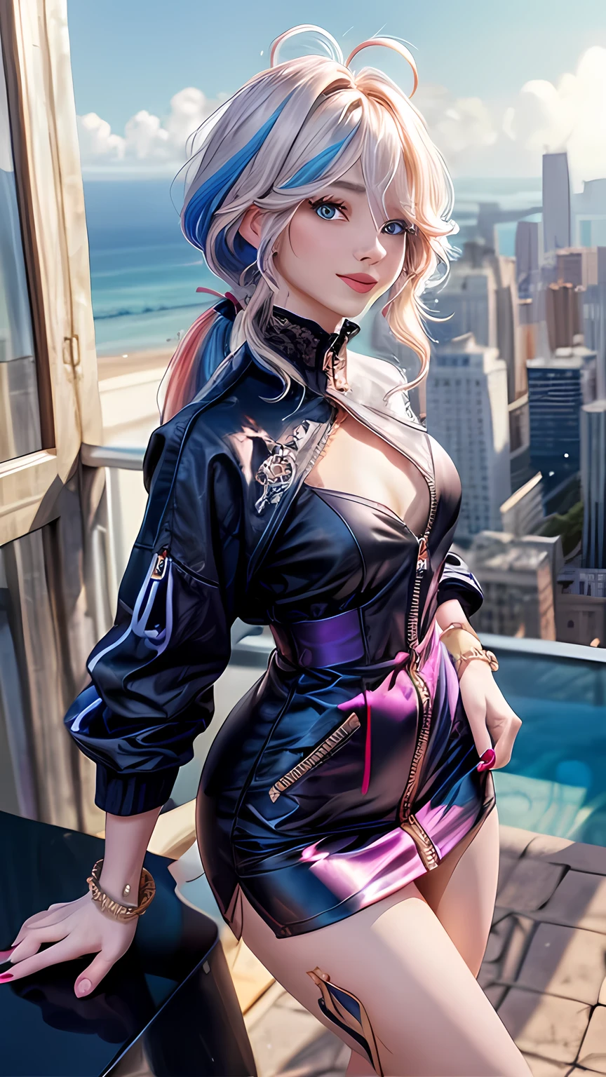 ((最high quality, 8K, masterpiece: 1.3, Ultra HD, high quality, 最high quality, High resolution, realism)) 、A 22-year-old extremely beautiful white woman、Body shape like a fashion model、Hair color blonde、blue eyeedium Hair、Straight Hair、smile、Background blur((depth of field))、Aerial perspective((atmospheric perspective))、I want my head to stay off screen、Put an anklet on your ankle、Wearing red nail polish、I have a peticure、Fashion model body type、purple inner color((colored inner hair))、Split Ponytail((split ponytail))、Wear a high-neck zipper-up dress、Large chest、Narrow waist、Wear leggings、Wear high heels、lace decoration