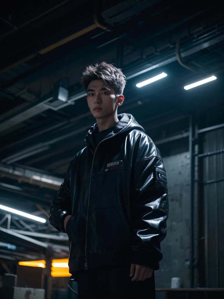 1 men, night vibes , huge underground warehouse, techno raver, looking badass, no blur, 16k - night time - time, no blurry eyes, male model