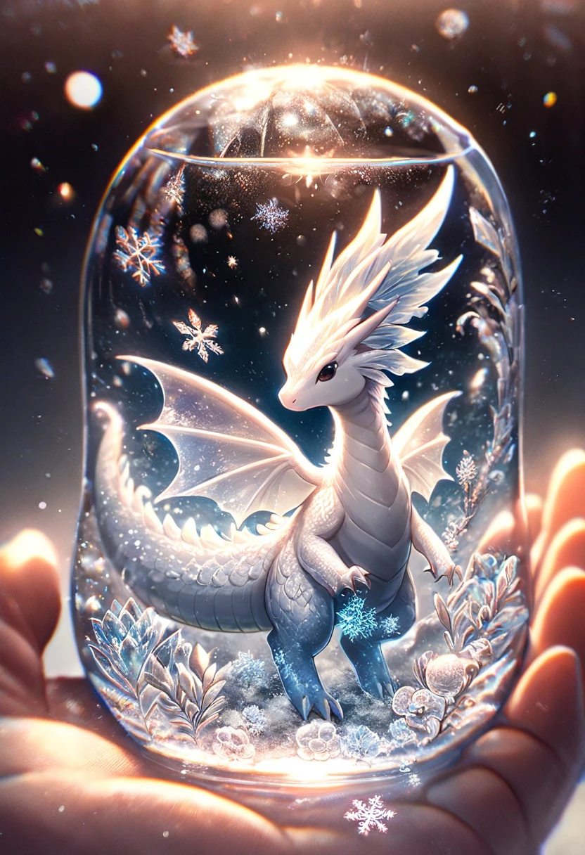 absurdres, highres, ultra detailed, HDR, master piece, best quality, smol white dragon, cute, solo, magic, ice flowers, snowflakes, ice, magical, fantasy, glass, ice moon, starry sky, ice style