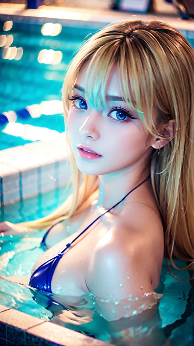 beautiful、masterpiece、Highest quality、Hello、1 Girl、 A very beautiful blonde girl、Super long blonde straight hair、Very beautiful bright light blue big eyes、Bangs between the eyes、Very big eyes、Sanyang、White and beautiful glossy skin、Olympic Swimmer、Swimsuit、Portrait Shot、Looking at the audience、Partially submerged、Outdoor swimming pool、Wet Skin、Intricate details、>Floating Blonde、