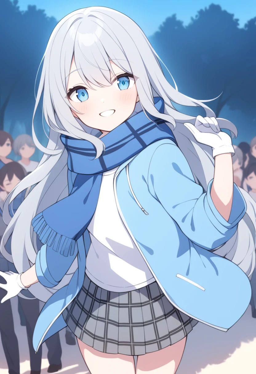 girl，Silver long hair, blue eyes, Wearing a blue hooded jacket,Wearing a gray hood，A sky blue scarf, A white T-shirt, White gloves, and plaid skirt, Standing in the park，Smile at the audience, Blue aperture，