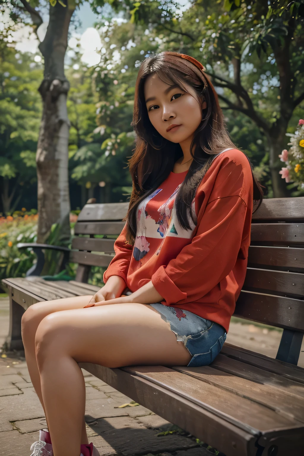 a south-east asian girl, age 30 years old, siitting on a bench in the park with colorful flowers. wearing red casual clothes. looking at the viewer. high resolution. ultra-realistic.