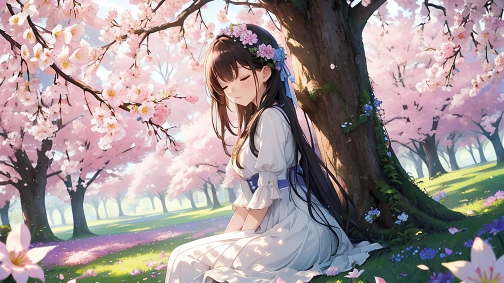 Sitting leaning against a tree、Shade、Sunlight filtering through the trees、Fantasy、An incredible sight、Fantasy、Surrounded by flowers、Beautiful and heartbreaking、Lots of flowers、beautiful flower、Beautiful girl、I close my eyes comfortably.、Android、(masterpiece:1.1), (Highest quality:1.1), (Vibrant colors:1.2), (Flowers:1.1)