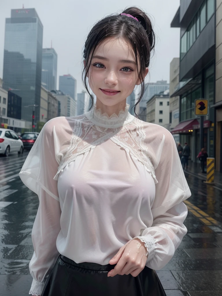 ((best quality, 8K, masterpiece: 1.3)),upper body,Black Hair, black eye,sharp focus: 1.2, beautiful woman with a perfect body: 1.4, ((ponytail, large: 1.2)), (small and beautiful hard (White long sleeve blouse with lace、Silk Tight darkmagenta long skirt), (wet from rain: 1.2), (rain, street: 1.2), wet body: 1.1, Highly detailed face and skin texture, detailed eyes, double eyelids, White skin,,E cup,smile,Financial district of the big city,Skyscraper,White skin,Wet Hair、Wet Skin、Wet clothes、smile、