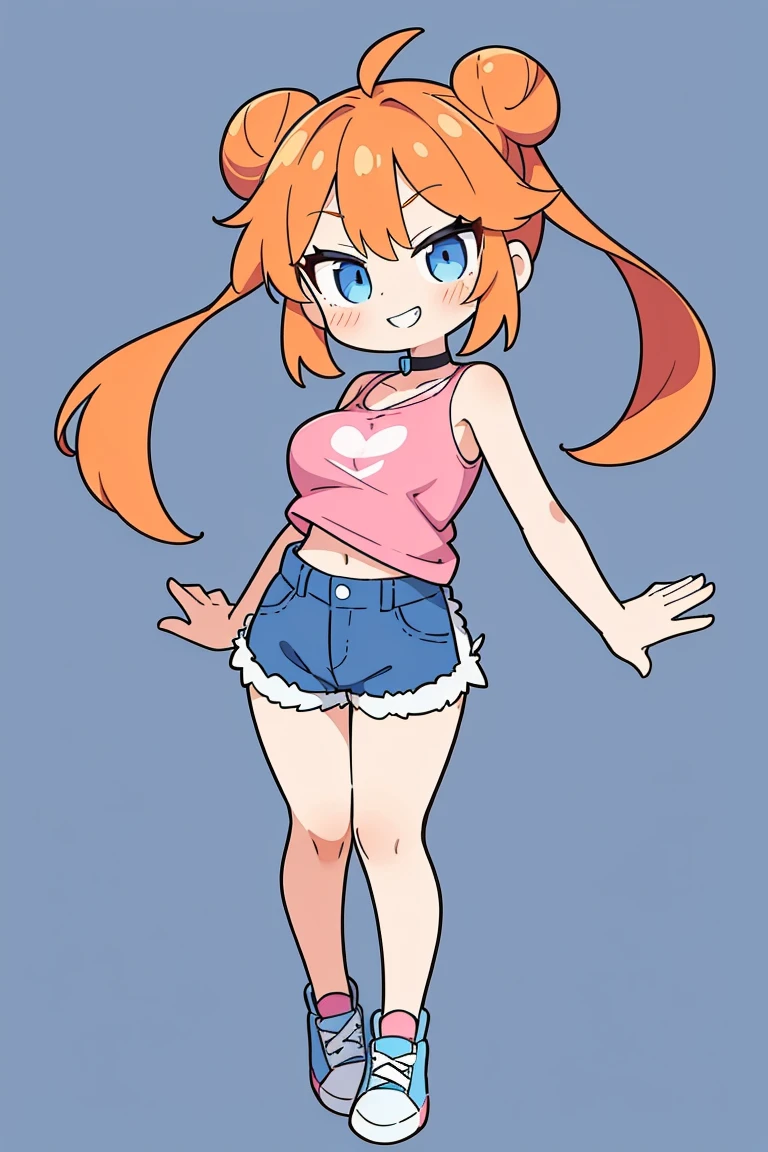 1girl, solo, orange hair, twin buns, blue eyes, eyeliner, light grin, medium breasts, pink t-shirt, black choker, bare shoulders, denim shorts, light blue sneakers, frow below