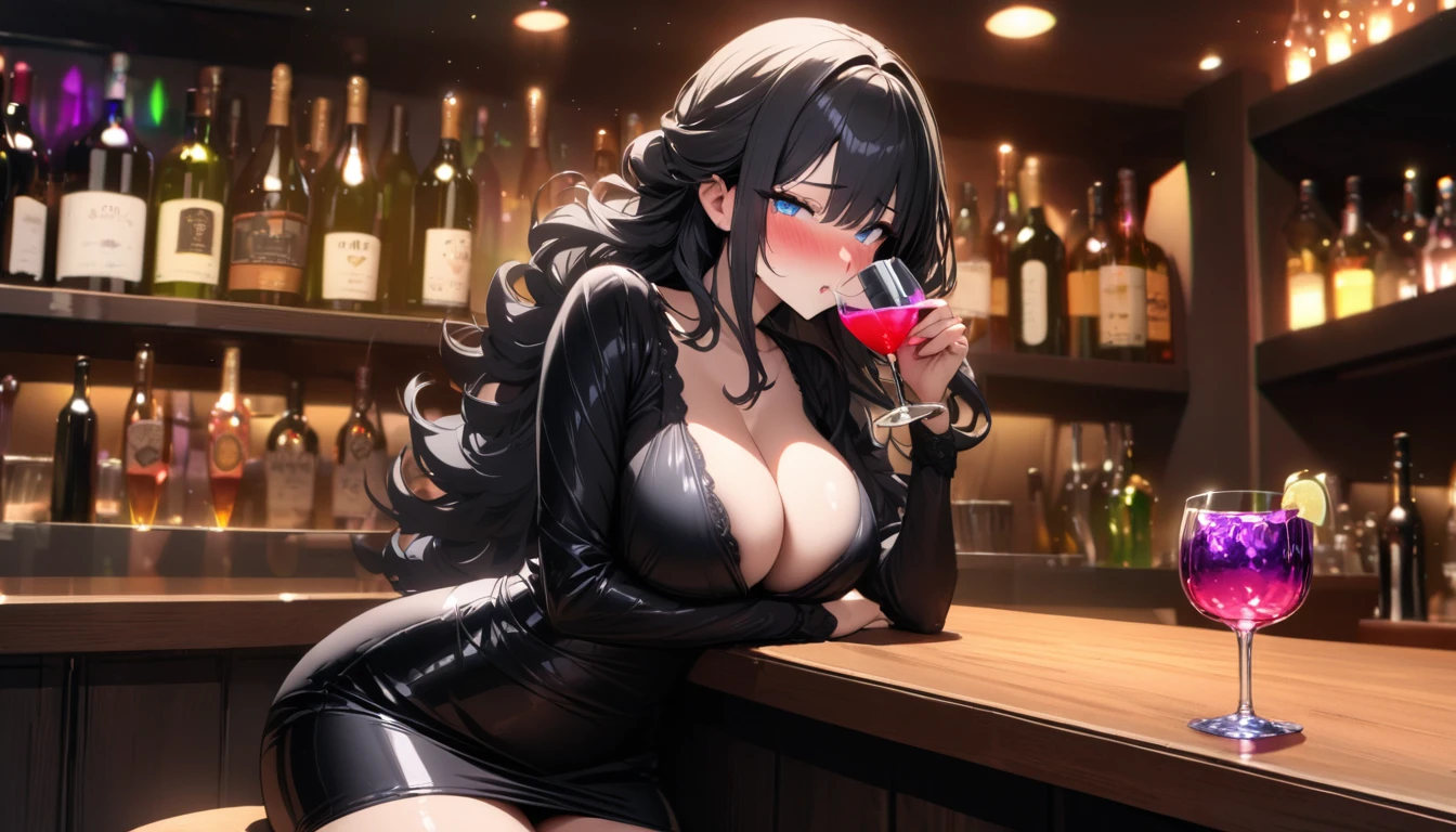 (best quality, 4K, high resolution, masterpiece:1.2, Extremely detailed),Looking at the camera sadly,Large Breasts,30 years old girl,独奏,black hair,long hair,blue eyes,(drunk,blush),sitting,drinking,((Mature sexy body)),Black stockings,Black tight skirt, Mature sexy body,holding mug,counter,pub,(Fashion bar) indoors, ((Cocktail Glass) Full of colorful wine), (dimly light room), Wine Bottle, Detailed background,Fluffy hair
