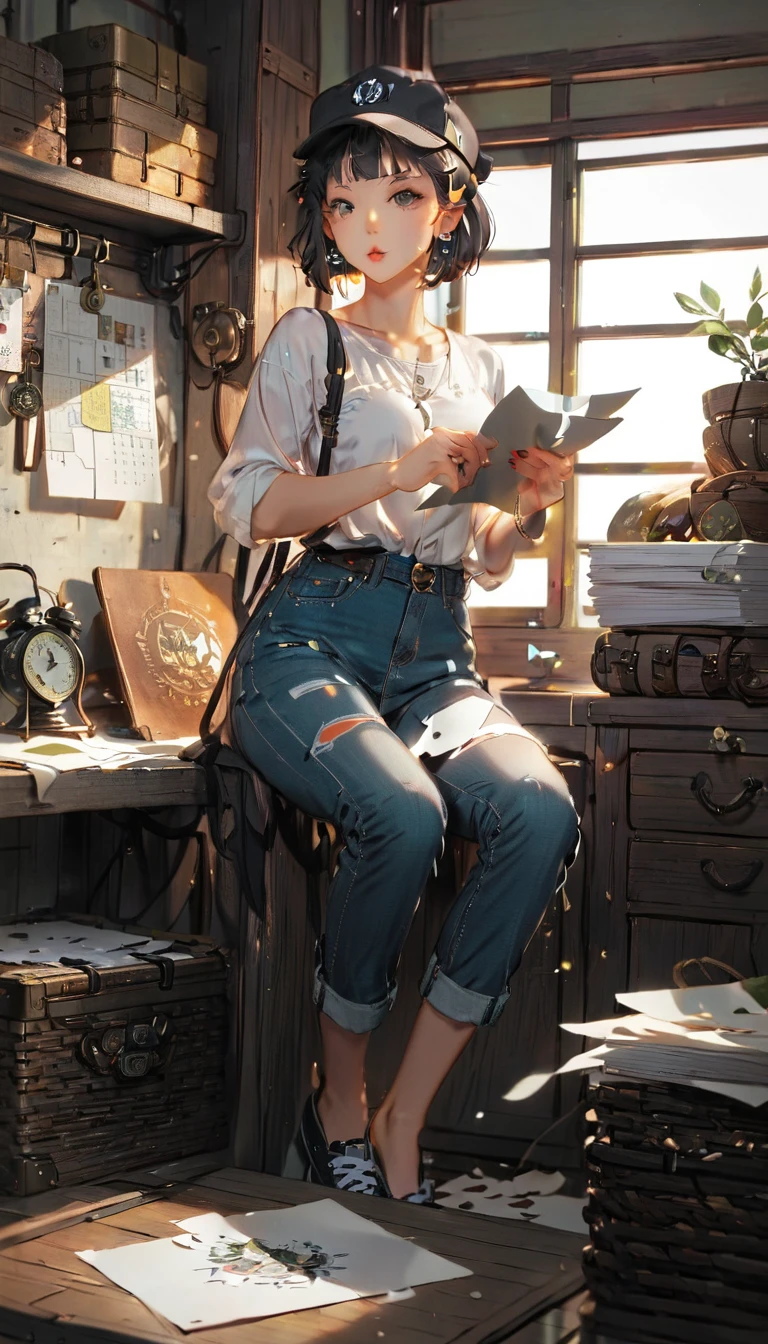 (Masterpiece, highest quality, highest resolution, distinct_image, very elaborate CG, cinematic lighting, ray tracing, drop shadows, detailed detail, (photorealistic: 1.4), high quality textures, fine-grained, realistic face expression): (lone girl, face is Japan, short hair, small size breasts, sparkling eyes, Eye level shot, light smile, beauty, slim body, holiday, bedroom, console game, computer, jeans, long boots, collared shirt, radio, coffee, model train, bookshelf, chair, pot, fan, painting, stuffed animal, tie)