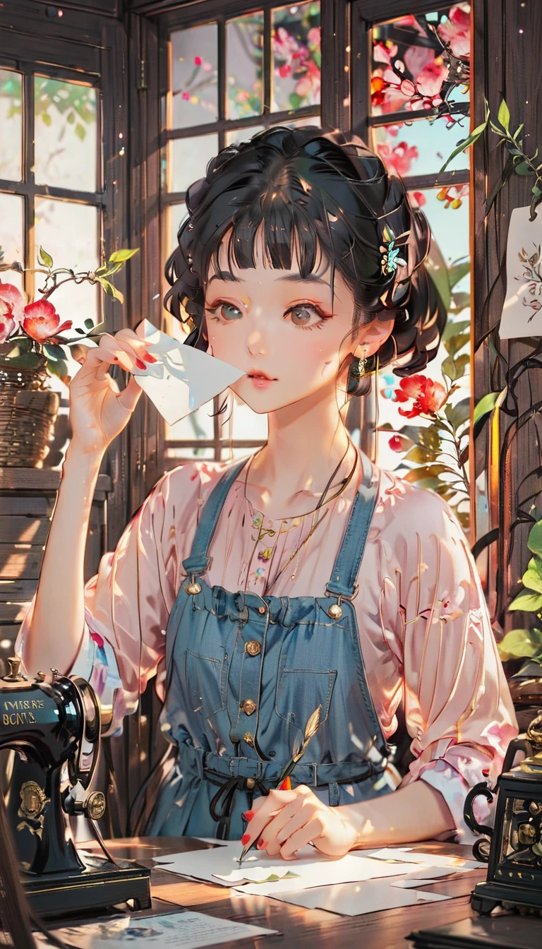 (((How to cut paper))), 1 Girl, Short black hair, cap, Shirts and denim, portfolio, Ports and ships
