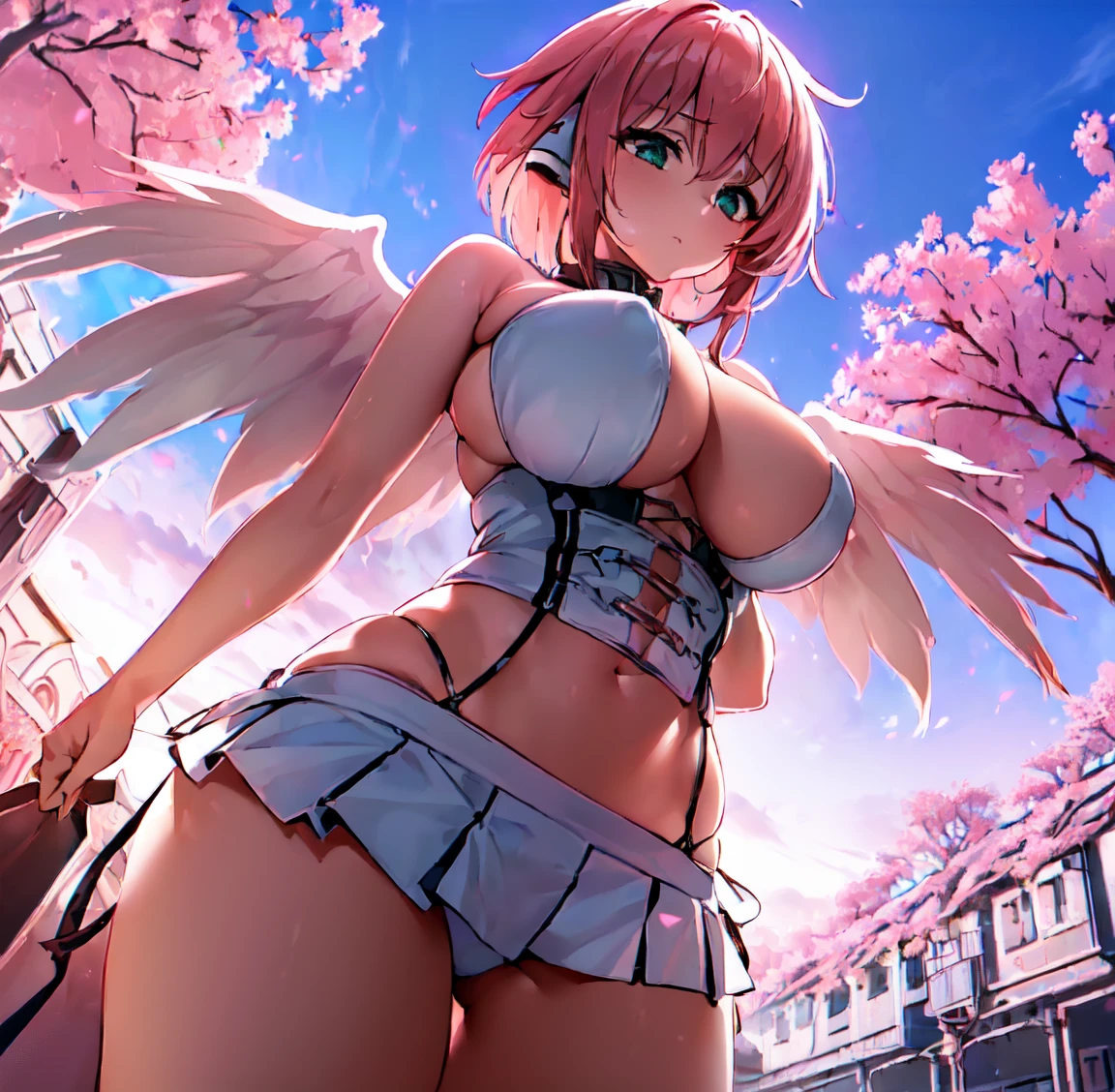 ((1girl)), ((alone)), ikaros, ((extremely detailed CG unity 4k wallpaper)), (masterpiece), (ultra quality), (ultra detailed), (best illustration), (best shadow ), (extremely detailed), looking at viewer, (absurdities), (detailed background), curvy body, dynamic pose, cowboy photo, large breasts, medium waist, wide hips, wide thighs, round butt, (( ,expression stoic, blushing, short hair, salmon pink hair, hair between the eyes, green eyes, two stories, ribbon, robot ears, white wings, behind the back, choker, chain, bare shoulders, white dress, navel, cleavage , pleated skirt, suspenders, bare thighs, seductive, standing, backlight, arms crossed, arms under the breasts, ((solo)), ((standing: 1.4, outside, garden, pink flowers, plain, clouds, ( sexy, closed mouth, sexy pose), looking forward, ((focus on hips), point of view: (from below), perfect anatomy, perfect hands,