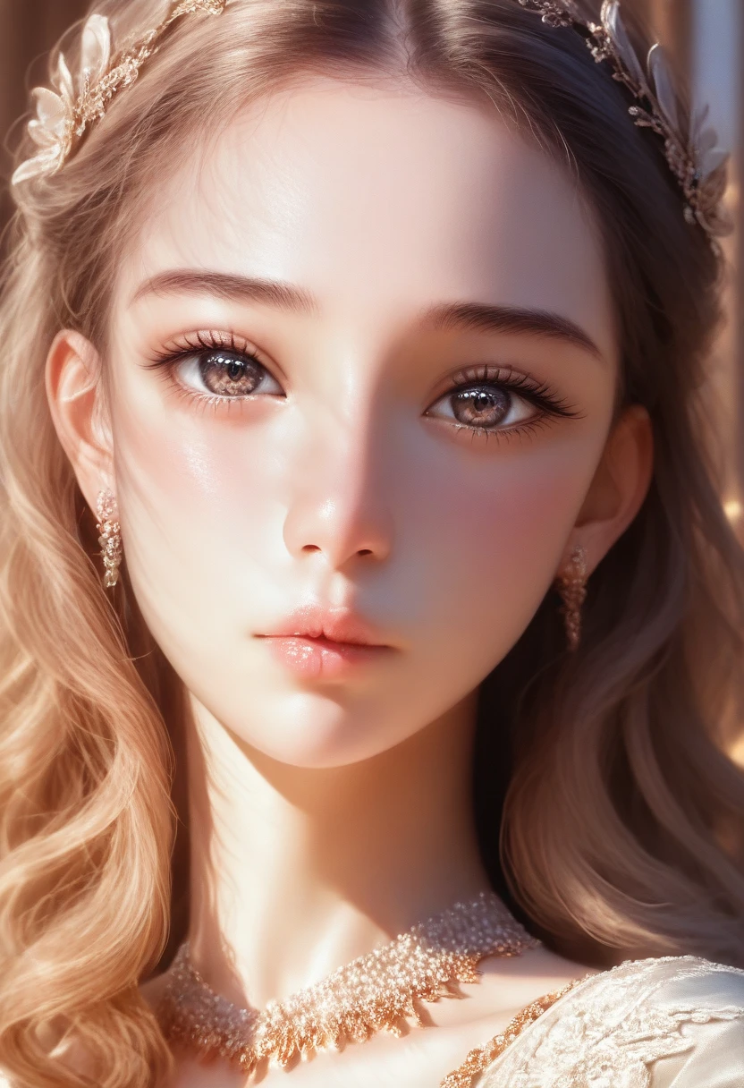 beautiful young woman, 1girl, detailed face, beautiful eyes, long eyelashes, delicate features, porcelain skin, elegant expression, beautiful detailed lips, beautiful detailed nose, intricate hairstyle, soft lighting, natural lighting, warm color palette, cinematic composition, masterpiece, (best quality,8k,highres,detailed,photorealistic:1.4), (detailed facial features:1.2), (realistic portrait:1.2), cinematic lighting, detailed skin texture, delicate jewelry, romantic mood