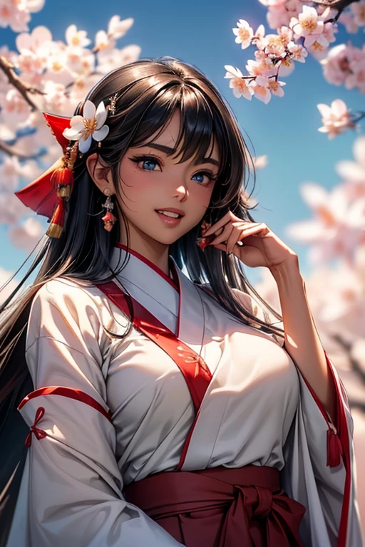 #Basics A girl is posing for a photo, animeのかわいい女の子, (((One Girl, Baby Face, Young girl, 16 years old))),
BREAK
#Clothing Accessories
(Shrine maiden costume : A white haori with large sleeves + cherry blossomsの刺繍が施されている + Deep red hakama skirt + Flower-shaped hair ornament + 伝統的な日本のshrineのShrine maiden costume), ((Tanned dark skin)), Silver earrings,
BREAK
#Features
(Black Hair), (Straight cut bangs), (Long Hair + Straight Hair + Straight hair without any kinks),
(Droopy eyes, blue eyes), (Small breasts),
BREAK
#background environment
((noon, Sunshine, shrine + cherry blossoms, blue sky)),
#Facial Expression Pose
((Big happy smile + Mouth wide open + Teeth are visible), (Standing looking up at the sky)),
#composition
((Angle from the front, Cowboy Shot)),
BREAK
#Body parts elements
(Detailed hair, Beautiful Hair, Shiny Hair),
(double eyelid, Long eyelashes),
(Expression of fine eyes, Beautiful and delicate eyes, Sparkling eyes, Eye Reflexes, Glitter Eyeliner),
(Human Ear),
(Beautiful Nose, Thin Nose),
(Glossy lips, Beautiful Lips, Thick lips, Glossy Lips, Natural Cheeks),
(Detailed face, Symmetrical facial features),
(Detailed skin, Textured skin, Beautiful Skin, Shiny skin),
BREAK
#Quality
(((Highest quality)), ((masterpiece)), ((Very detailed))), ((High resolution), (16K,1080P)),
(Realistic), (Anatomically correct),
((comics, anime)), (3DCG), CG illustration,