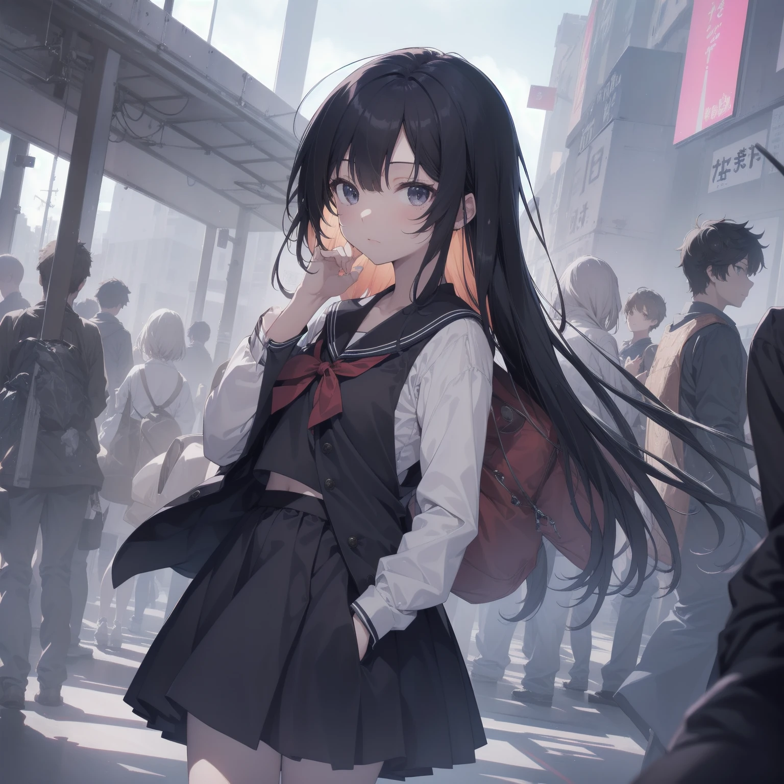 ultra-absurdres-Top quality by artist God, ultra-detailed, high resolution, anime moe artstyle, best anime 8k konachan wallpaper, pixiv contest winner, pool:2810, perfect anatomy,break, 1girl, (Please draw a girl walking sleepily to school alone. )break,(Solo,little female, 13-year-old:1.3),Full limbs, complete fingers,a junior high school student, (very short hair), short cut, flat chest, , small butt, small black eyes, beautiful detailed eyes, well-proportioned iris and pupils, expressive eyes, highres detailed hair, soft expression, salor school_uniform, sailor collar, serahuku, bow, pleated skirt,(Detailed Lighting), (Detailed background), in the School commute route. break,dewy skin, perspiration on the skin,skin texture, fine lines, pores, natural imperfections,light reflections, glossy skin, shiny skin,break, Best cinematic lighting powered by famous artist, 8k,beauty illustration,photoshop_(medium),very aesthetic,break,((artist:enkyo_yuuichirou )), artist:clamp ,artist:carnelian ,artist:kantoku ,
