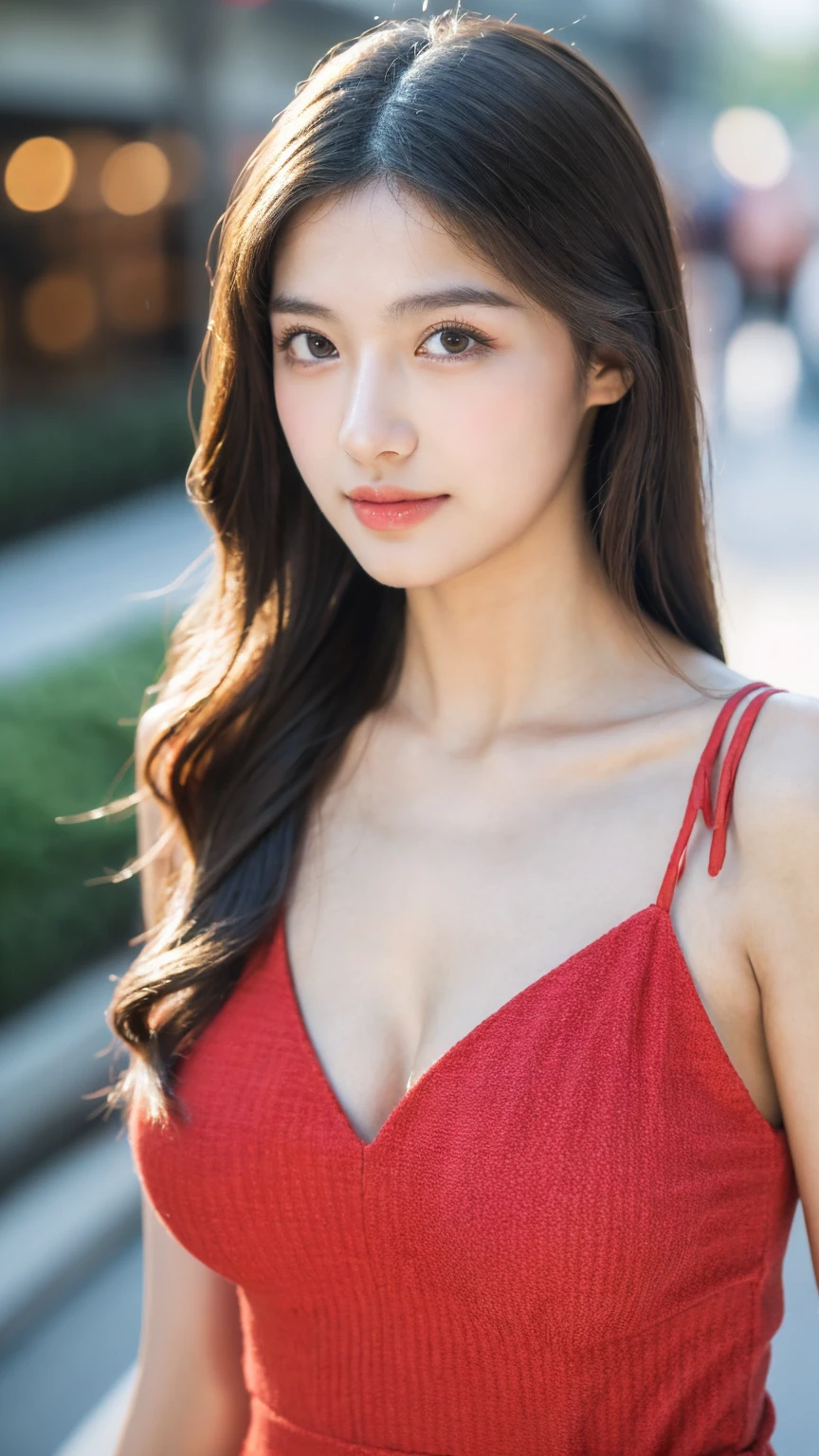 ((Best quality, 8K, masterpiece:1.3)),1girl,18 years old,Asian,Real texture:1.3,(Background blur:1.1),Dress Up,Tall and slender figure:1.2,(Hot summer weather),(street:1.3),Highly detailed face and skin textures,Exquisite eyes,Long eyelashes,Double eyelids,Skin Whitening,happy,Various postures,Big breasts
