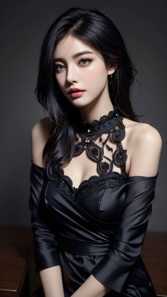 masterpiece, best quality, Extremely detailed,  Very detailed Very detailed, Practical, Uniqueness, Very detailed, Be focused, Perfect face, Perfect face, Perfect symmetry perfect eyes, Perfect plump lips, Flexible female form, , lamp, Extremely detailed, hyper Practical, masterpiece, atmosphere, high resolution, Full of energy, 动态工作室lamp光, National Foundation, ((Dark background)), Sexy face, Happy facial expressions, Straight bangs, Large Breasts, Cleavage exposed, blue eyes,Black Sweater, ((Cowboy shooting, Moles under the eyes,)),Half-length photo,Complete,
