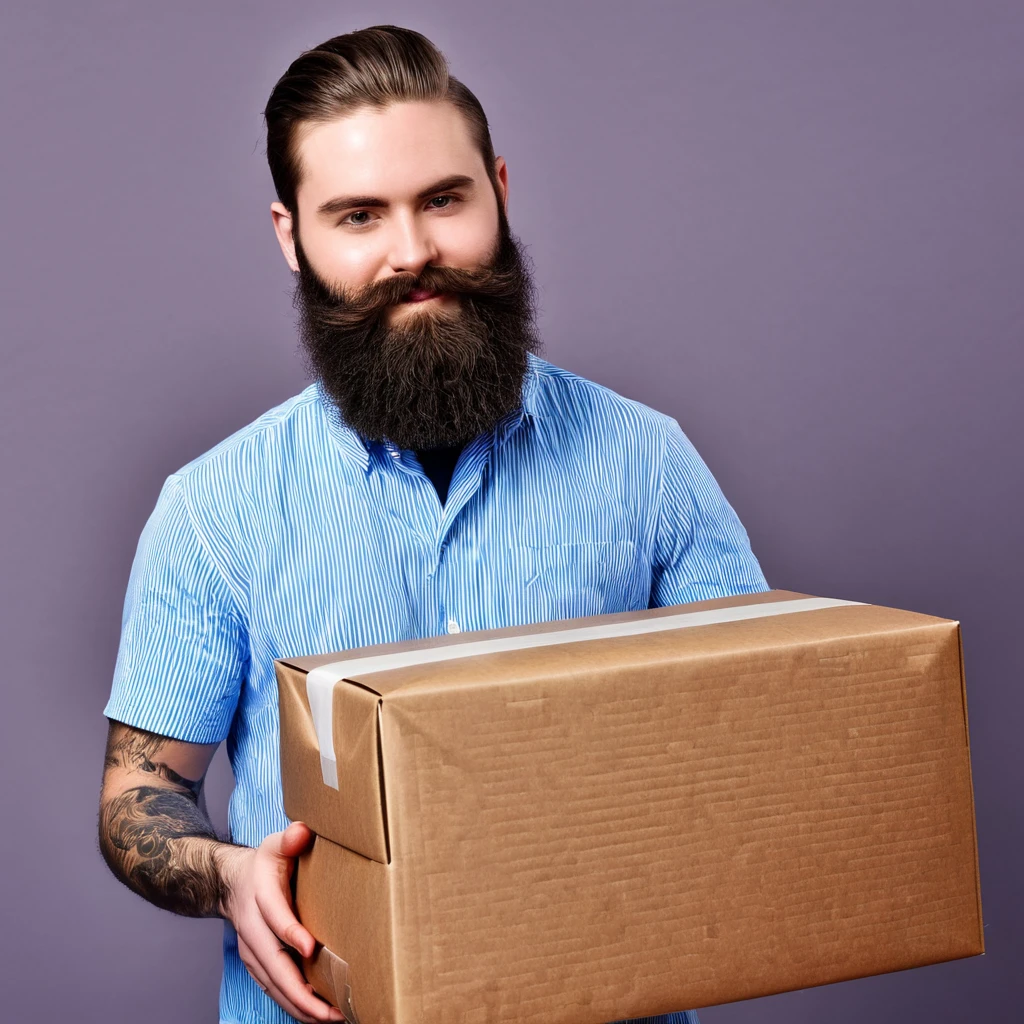 young, hugely bearded tomboy woman receives her package of minoxidil