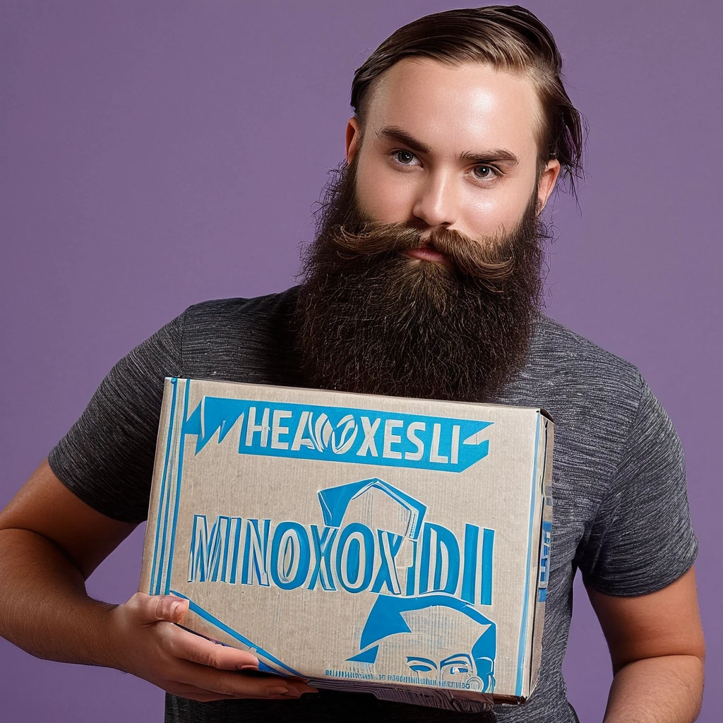 young, hugely bearded tomboy woman receives her package of minoxidil