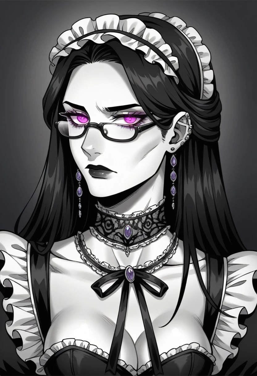 Gere imagens de: obra-prima, melhor qualidade, alta-resolução, foto em 8K. mature, stunning gothic maid, long flowing black hair, piercing intense violet eyes glowing in the dark, elegant eyeglasses, porcelain skin, intricate lace maid outfit, form-fitting corset, detailed frills, black and white color scheme, delicate gloves, dark and mysterious allure, gothic beauty, serious and intense expression, gothic accessories, intricate choker, dark and elegant ribbons, somber elegance, respected and admired, dark background