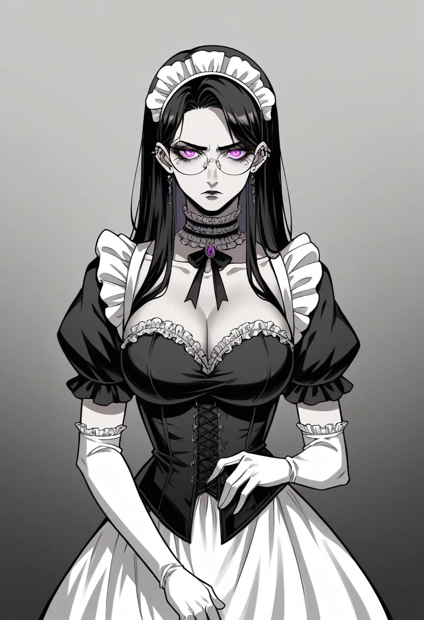 Gere imagens de: obra-prima, melhor qualidade, alta-resolução, foto em 8K. mature, stunning gothic maid, long flowing black hair, piercing intense violet eyes glowing in the dark, elegant eyeglasses, porcelain skin, intricate lace maid outfit, form-fitting corset, detailed frills, black and white color scheme, delicate gloves, dark and mysterious allure, gothic beauty, serious and intense expression, gothic accessories, intricate choker, dark and elegant ribbons, somber elegance, respected and admired, dark background