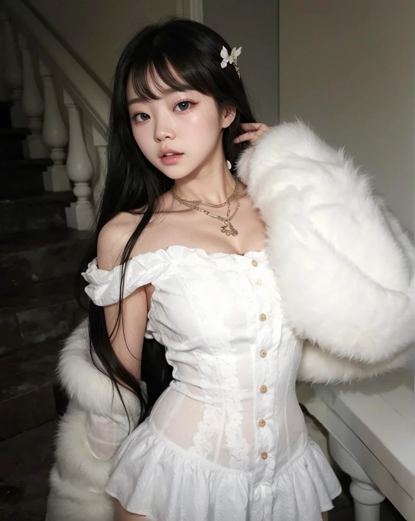 Take off all her clothes and leave her naked, with his right arm over his hair and that his hair is blonde, Wonyoung de IVE, with big tits and her vagina, wide waist, flat abdomen without clothes