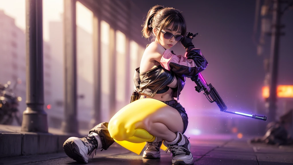 8k, Realistic Skin Texture, Realistic Photo, Neo Tokyo, slim women, large-breast:1.4 cleavage:1.3, AD2050 at night, Dirty hunting jacket, Wearing tube top, miniskirt, (((black sunglasses, automatic rifle, sneakers, cold, shooting pose, very low angle view))), Innovative composition, revenge, cyberpunk, blade runner worldview, Large neon sign, Geisha hologram sign, Strong Wakamoto Sign.