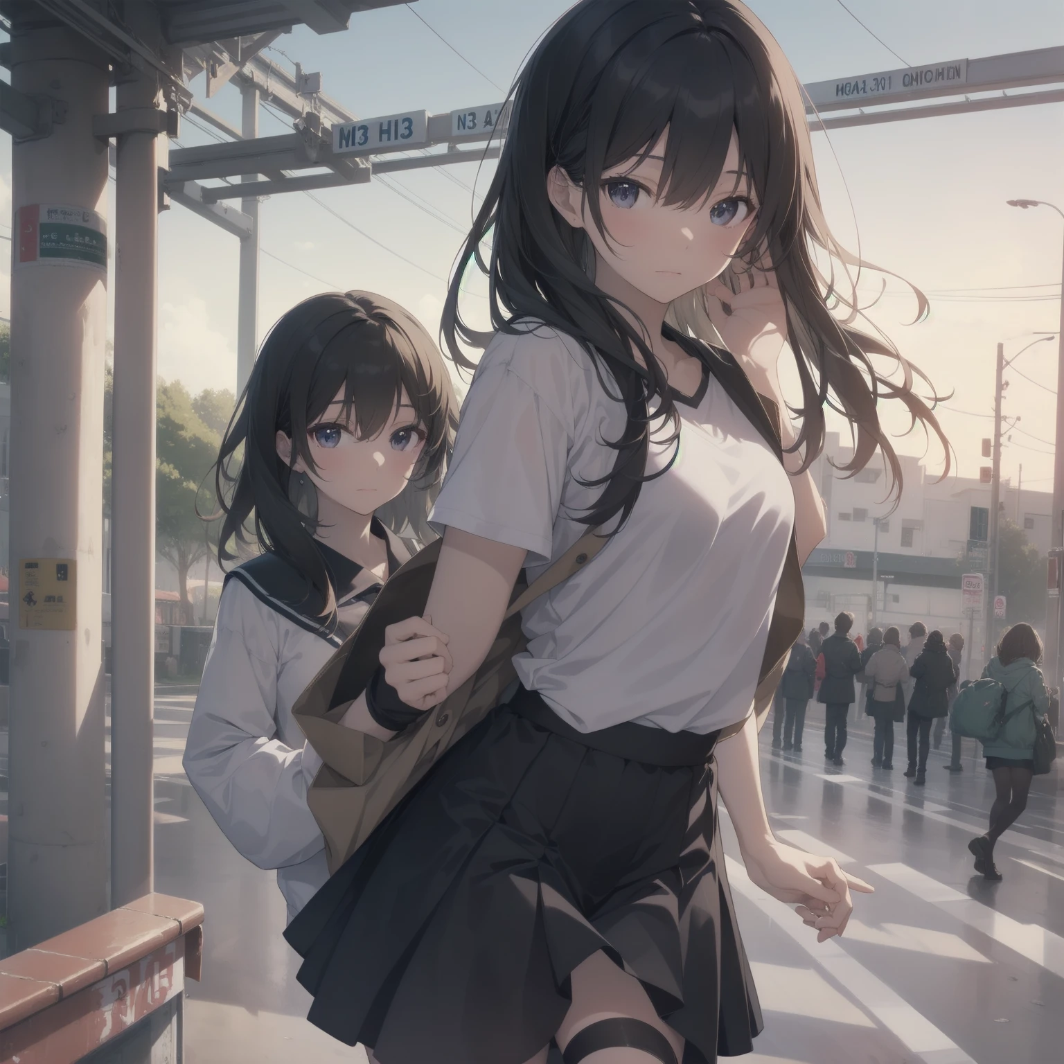 ultra-absurdres-Top quality by artist God, ultra-detailed, high resolution, anime moe artstyle, best anime 8k konachan wallpaper, pixiv contest winner, pool:2810, perfect anatomy,break, 1girl, (Please draw a girl walking sleepily to school alone. )break,(Solo,little female, 13-year-old:1.3),Full limbs, complete fingers,a junior high school student, (very short hair), short cut, flat chest, , small butt, small black eyes, beautiful detailed eyes, well-proportioned iris and pupils, expressive eyes, highres detailed hair, soft expression, salor school_uniform, sailor collar, serahuku, bow, pleated skirt,(Detailed Lighting), (Detailed background), in the School commute route. break,dewy skin, perspiration on the skin,skin texture, fine lines, pores, natural imperfections,light reflections, glossy skin, shiny skin,break, Best cinematic lighting powered by famous artist, 8k,beauty illustration,photoshop_(medium),very aesthetic,break,((artist:enkyo_yuuichirou )), artist:clamp ,artist:carnelian ,artist:kantoku ,
