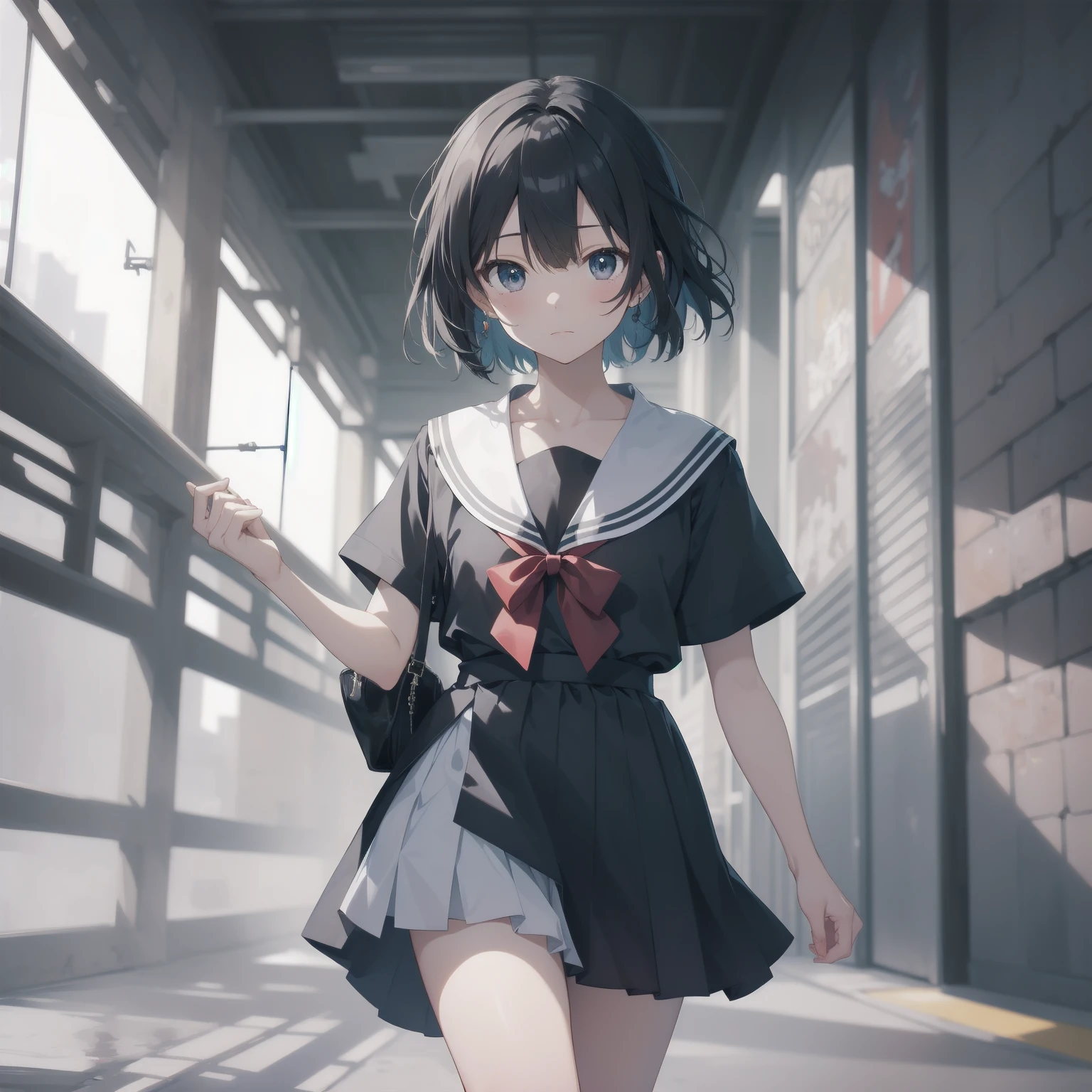 ultra-absurdres-Top quality by artist God, ultra-detailed, high resolution, anime moe artstyle, best anime 8k konachan wallpaper, pixiv contest winner, pool:2810, perfect anatomy,break, 1girl, (Please draw a girl walking sleepily to school alone. )break,(Solo,little female, 13-year-old:1.3),Full limbs, complete fingers,a junior high school student, (very short hair), short cut, flat chest, , small butt, small black eyes, beautiful detailed eyes, well-proportioned iris and pupils, expressive eyes, highres detailed hair, soft expression, salor school_uniform, sailor collar, serahuku, bow, pleated skirt,(Detailed Lighting), (Detailed background), in the School commute route. break,dewy skin, perspiration on the skin,skin texture, fine lines, pores, natural imperfections,light reflections, glossy skin, shiny skin,break, Best cinematic lighting powered by famous artist, 8k,beauty illustration,photoshop_(medium),very aesthetic,break,((artist:enkyo_yuuichirou )), artist:clamp ,artist:carnelian ,artist:kantoku ,