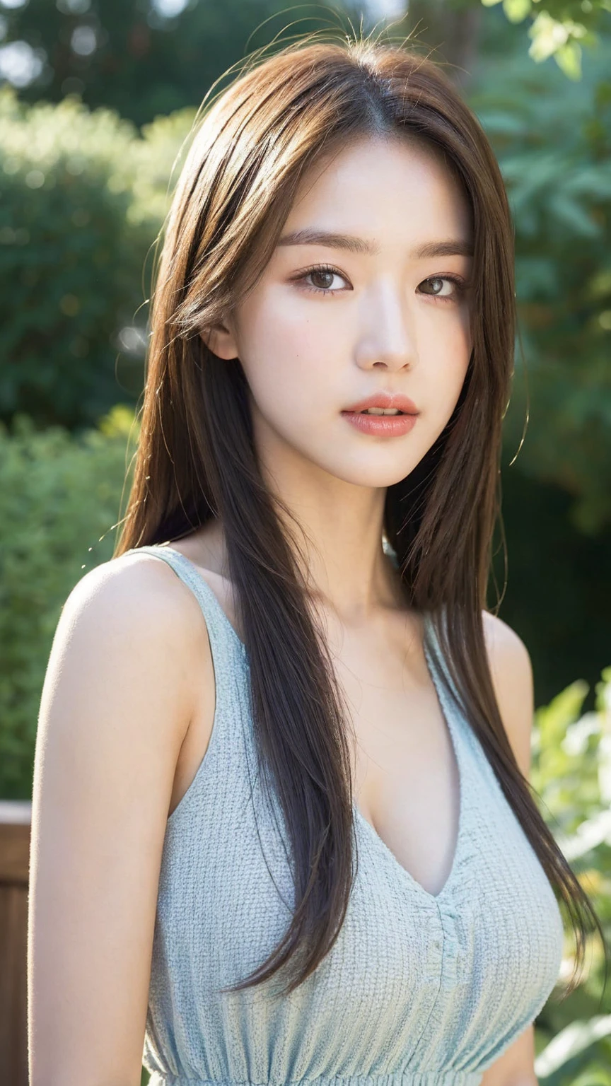 ((Best quality, 8K, masterpiece:1.3))，1girl，18 years old，Asian，Real texture:1.3，(Background blur:1.3)，Dress Up，Tall and slender figure:1.2，(Hot summer weather)，（garden:1.3），Highly detailed face and skin textures，Exquisite eyes，Long eyelashes，Double eyelids，Skin Whitening，happy，Big breasts