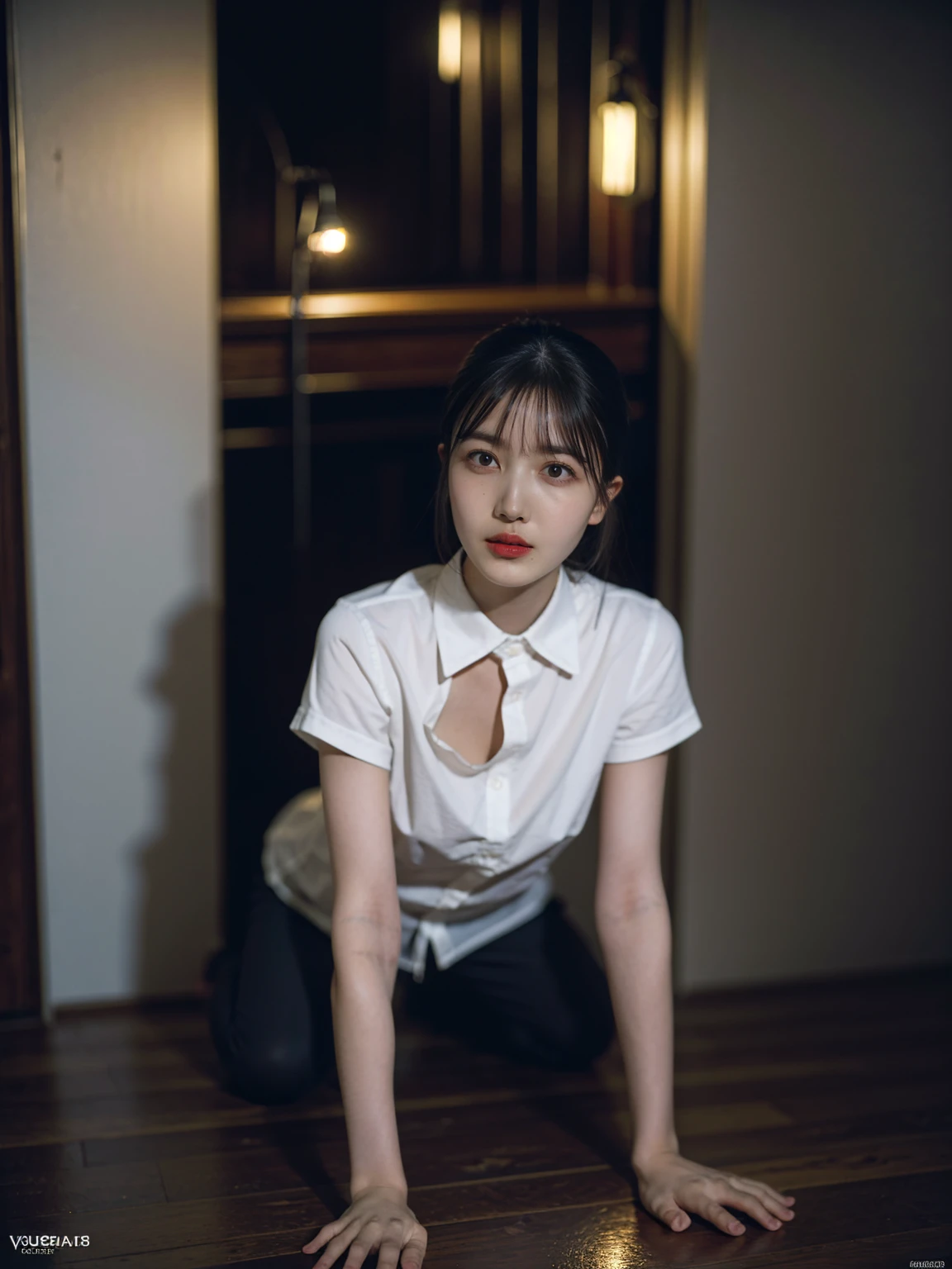 1girl, woman, masterpiece, best quality, highest quality, cinematic lighting, (volumetric lighting), extremely detailed CG unity 8k wallpaper, focused, 8k wallpaper, extremely detailed, ultra realistic, photorealistic, sharp focus, absurdres, (HDR:1.2), (high contrast), photograph, detailed and intricate, instagram, portrait, highly detailed, digital painting, artstation, concept art, smooth, sharp focus, illustration, cinematic lighting, (big breast:1.2), (whole body:1.2), white collar shirt, open shirt, open the button, show thigh, short pants, (full body:1.5), looking at the viewer, seductive pose
