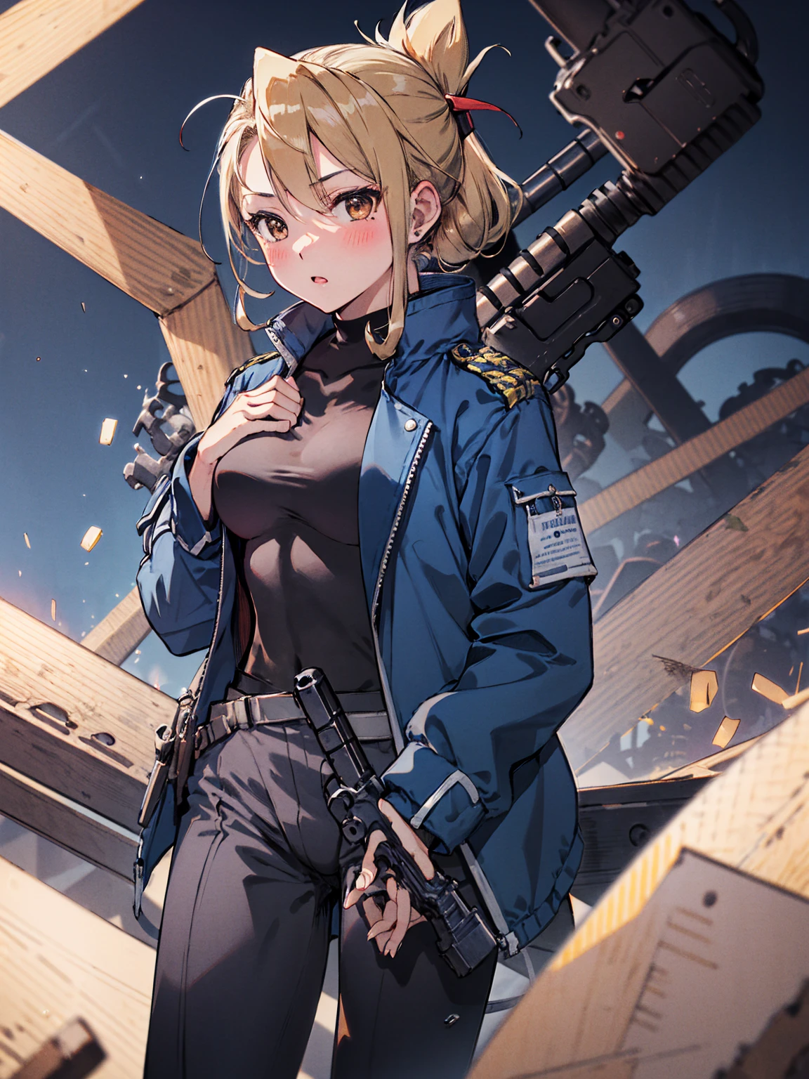 masterpiece, Highest quality, High resolution, One girl, (Blue jacketの下にBlack innerwearを着ている), Folded ponytail, Brown eyes, , uniform, Blue jacket, Blue pants, ,Big Breasts, Black innerwear, (Bend down and shoot your gun:1.3), blush, (Ready your gun?)