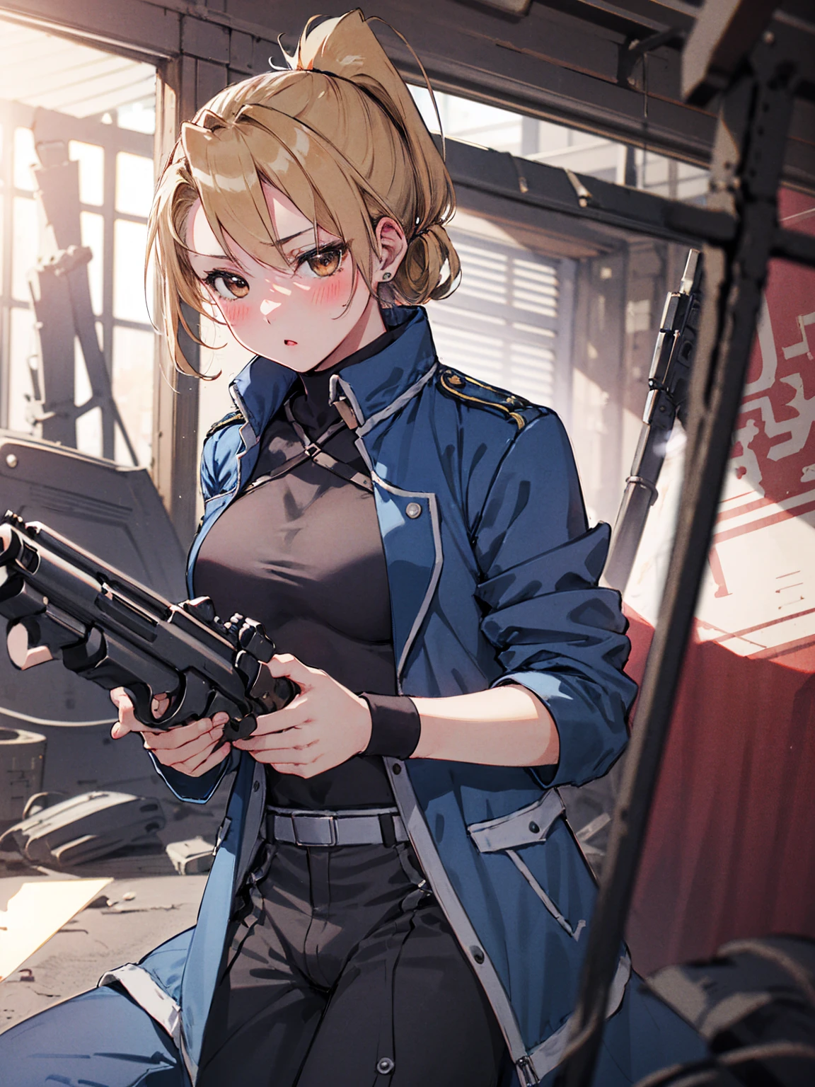 masterpiece, Highest quality, High resolution, One girl, (Blue jacketの下にBlack innerwearを着ている), Folded ponytail, Brown eyes, , uniform, Blue jacket, Blue pants, ,Big Breasts, Black innerwear, (Bend down and shoot your gun:1.3), blush, (Ready your gun?)