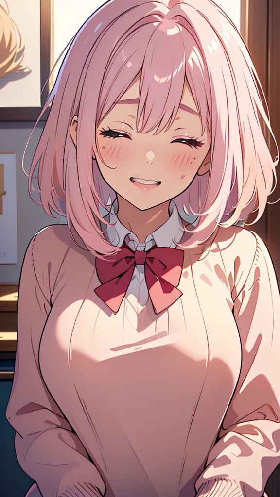 8k,(High quality:1.4),(best quality:1.4),(masterpiece:1.4),(busty breasts:1.3),(beautiful face:1.3),(beautiful woman:1.3),(pale pink hair:1.4),medium hair,a mole around the mouth,(enjoy:1.6),(closed eyes:1),(burst into laughter:1.4), (squinting:1.2)(school uniform:1.1),(beige sweater:1.2),(close-up:1.2),a red bow tie,(leaning forward:1.2)