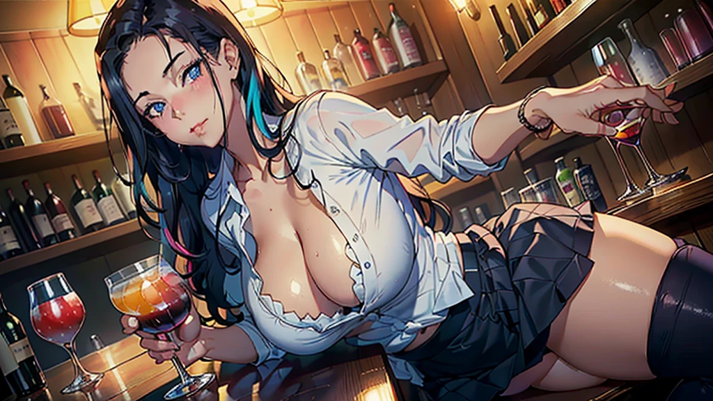 (best quality, 4K, high resolution, masterpiece:1.2, Extremely detailed），A woman，Looking at the camera sadly，Large Breasts,30 years old girl,独奏,black hair,long hair,blue eyes,(drunk,blush),sitting,drinking,((Mature sexy body))，Black stockings，Black tight skirt, Mature sexy body,holding mug,counter,pub,(Fashion bar) indoors, ((Cocktail Glass) Full of colorful wine), (dimly light room), Wine Bottle, Detailed background，Fluffy hair