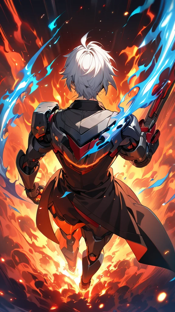 anime style man with (white hair) and red eyes unleashing cool (fire) magic from his one hand, the other arm is metal, robot arm, hard fire, fire particles, blue and white tinted black clothing, surrounded by vibrant fire particles, emitting a hot, red-orange hue, ultra detailed, digital painting, with dramatic lighting, vivid colors, anime style from Mushoku Tensei: Jobless Reincarnation, from behind, facing viewer, looking back, from above