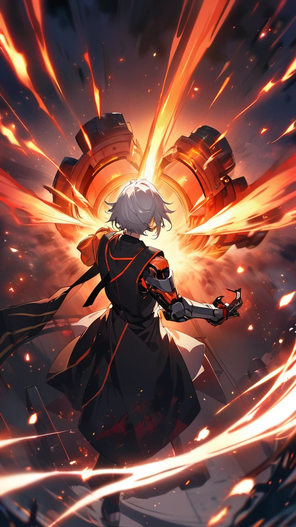 anime style man with (white hair) and red eyes unleashing cool (fire) magic from his one hand, the other arm is metal, robot arm, hard fire, fire particles, blue and white tinted black clothing, surrounded by vibrant fire particles, emitting a hot, red-orange hue, ultra detailed, digital painting, with dramatic lighting, vivid colors, anime style from Mushoku Tensei: Jobless Reincarnation, from behind, facing viewer, looking back, from above