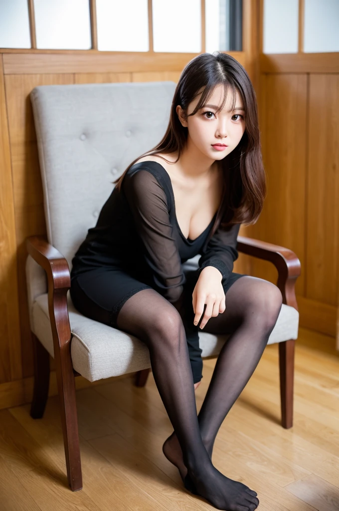 ulzzang-6500-v1.1, (RAW Photos:1.2), (Realistic Photo), Beautiful girl with attention to detail, (Realistic:1.4), Beautiful eye and face with High Detail, Beautiful eye with High Detail, Japanese , , (Ultra Realistic Pantyhose:1.2), No shoes, Sitting in a chair, (Ultra Realistic pantyhose:1. 2), No shoes, Toes, Sitting in a chair, Huge file sizes, High resolution, very detailed, Highest quality, [masterpiece:1. 6], figure, very detailed, Hmph, detailed, Highest quality, 8k wallpaper, Cinema Lighting, One Girl, , Perfect figure, タレeyeかわいい, 大きく美しいeye, eye , (( masterpiece)), Highest quality, 1 Girl, Eyeshadow, ((Full Body Shot:1.15)),.