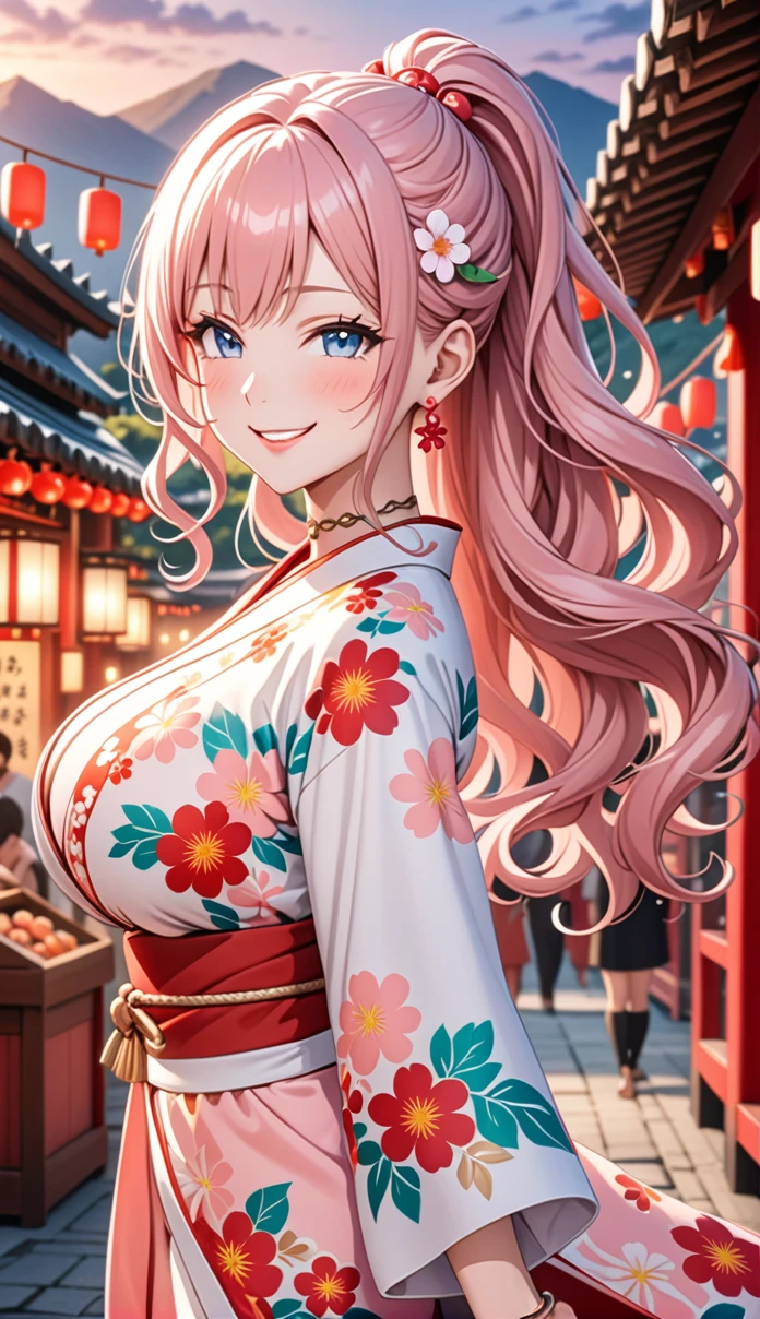 ultra-detailed, ((one girl)), in pastel colors girl, hyper detailed, absurdres, 8K, Beautiful Face, (Laugh shyly), ((teasing smile:1.8)), ((Wink:2.0)), (Laugh with your mouth wide open),(Tilt your head:1.3), View your viewers, ((Bright red cheeks:1.6)),Glossy Red Lips, ((Big Breasts:1.5)), (valley),night, Shrine festival stalls, (Brighten your face), ((Anime style background)),masterpiece, Highest quality, so beautiful,Latest, Complex details, (Pink long nails), (nail art), (ring),(bracelet), (Floral Choker),AI-generated, Complex,High resolution, Highest quality, super high quality,3D Images、3D Images,One person,Pastel pink long hair,(High Ponytail), (wavy hair:1.3), Pastel anime woman posing for a photo, ((Fine grain、blue eyes、glowing eyes:1.4)), (Squint your eyes:1.1),a hyperRealistic , hyperRealistic , Realistic,Anime woman with long pastel pink hair, Smooth anime CG art, A girl in a gorgeous pastel-colored kimono, ((White long-sleeved kimono)),(Pink large floral pattern) ,Long flower hair ornament,Floral Earrings,Mature Body, tall,Abdominal muscles,Tight waist,((arched back:1.9)), (front view),