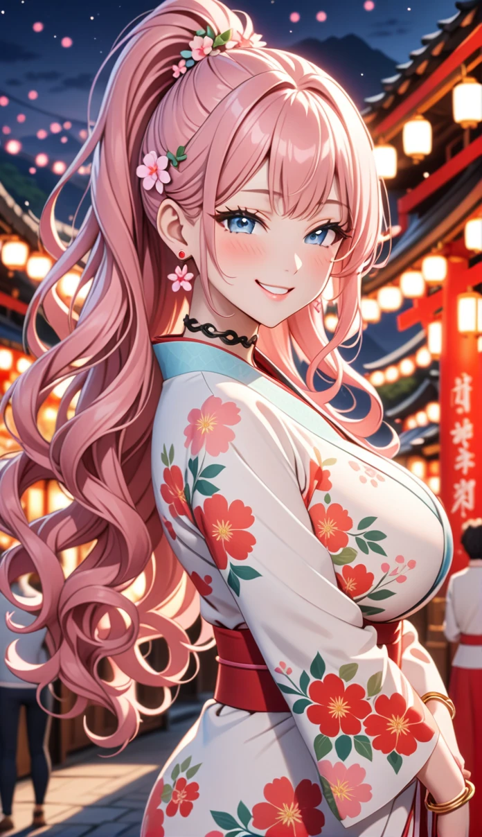 ultra-detailed, ((one girl)), in pastel colors girl, hyper detailed, absurdres, 8K, Beautiful Face, (Laugh shyly), ((teasing smile:1.8)), ((Wink:2.0)), (Laugh with your mouth wide open),(Tilt your head:1.3), View your viewers, ((Bright red cheeks:1.6)),Glossy Red Lips, ((Big Breasts:1.5)), (valley),night, Shrine festival stalls, (Brighten your face), ((Anime style background)),masterpiece, Highest quality, so beautiful,Latest, Complex details, (Pink long nails), (nail art), (ring),(bracelet), (Floral Choker),AI-generated, Complex,High resolution, Highest quality, super high quality,3D Images、3D Images,One person,Pastel pink long hair,(High Ponytail), (wavy hair:1.3), Pastel anime woman posing for a photo, ((Fine grain、blue eyes、glowing eyes:1.4)), (Squint your eyes:1.1),a hyperRealistic , hyperRealistic , Realistic,Anime woman with long pastel pink hair, Smooth anime CG art, A girl in a gorgeous pastel-colored kimono, ((White long-sleeved kimono)),(Pink large floral pattern) ,Long flower hair ornament,Floral Earrings,Mature Body, tall,Abdominal muscles,Tight waist,((arched back:1.9)), (front view),