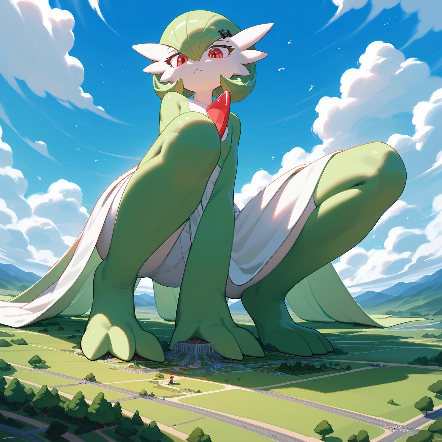 green legs, full body shot, green and white, gardevoir, pokemon, sizedifference, macro, giantess, high angle, stand, looking down, continent, 2 feet, 1 hands on the knee, 3 toes, squat, cloud, island