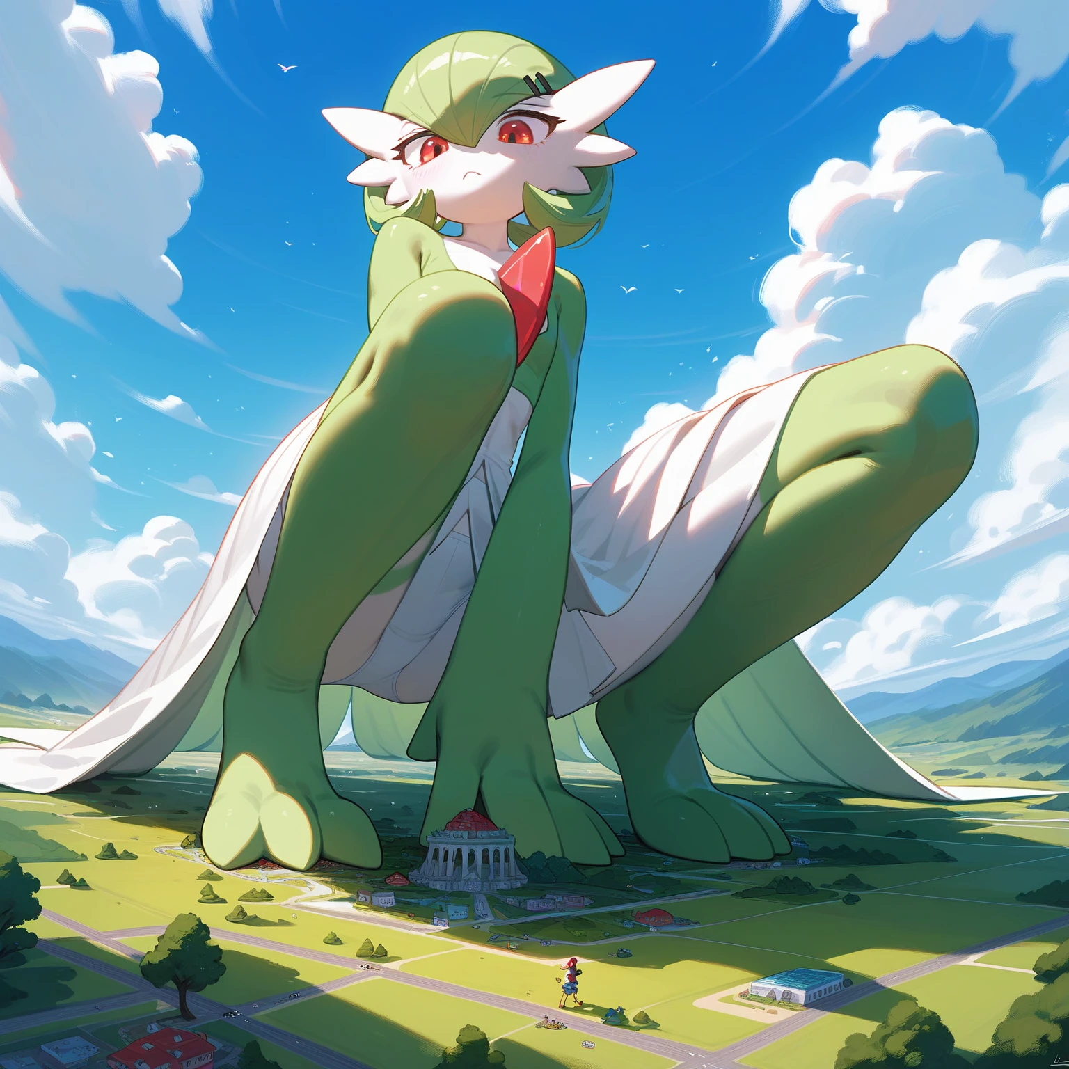 green legs, full body shot, green and white, gardevoir, pokemon, sizedifference, macro, giantess, high angle, stand, looking down, continent, 2 feet, 1 hands on the knee, 3 toes, squat, cloud, island